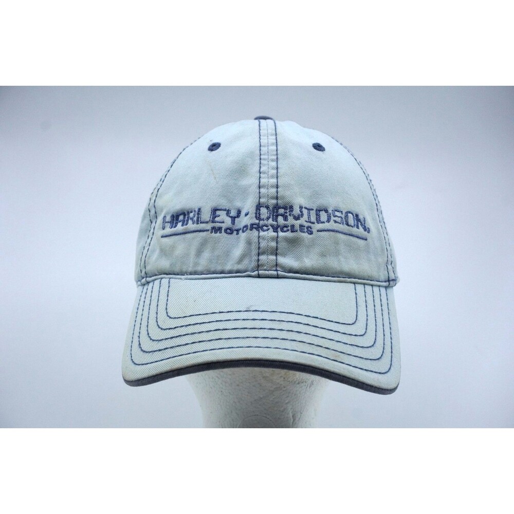 Harley Davidson Motor Cycles Hat Cap Baby Blue Adjustable Strap Spellout Stitch